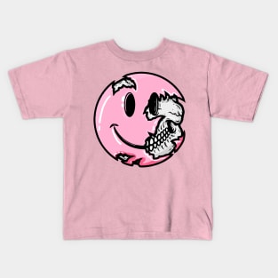 Creepy Pastel Goth Pink Smiley Face Skull Emoji Kids T-Shirt